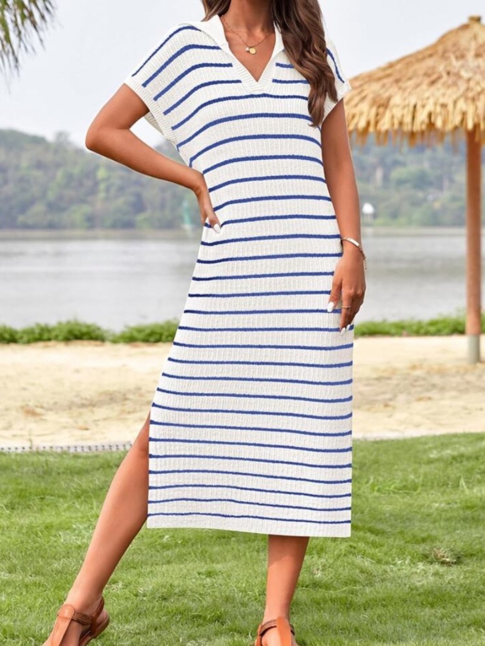 Striped Knit Midi Sweater Dress Collared V-Neck Short Sleeve Side Slit L XL
